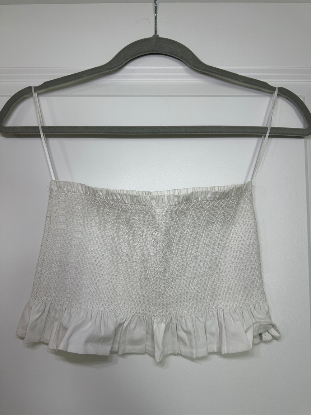 Express White Smocked Ruffle Hem Crop Top